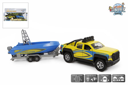 510217  Kids Globe terreinwagen met trailer met boot licht geluid 29cm