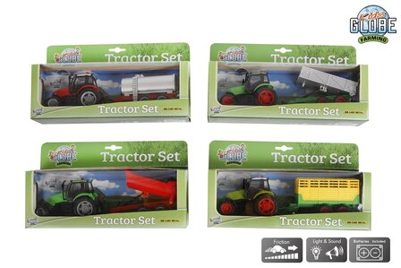 510653  Kids Globe tractor met aanhanger die cast licht geluid 4ass 25cm