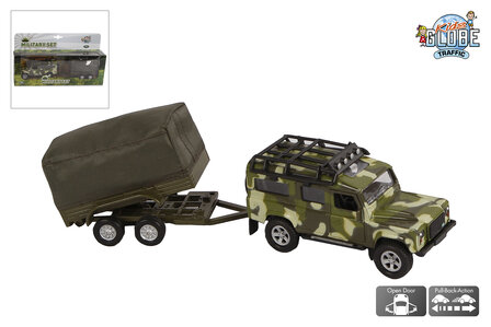 520027  Kids Globe Land Rover met aanhanger military die cast pb 27cm