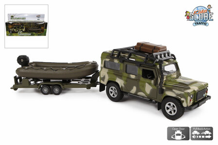 520191  Kids Globe Land Rover met aanhanger met boot military die cast pb27cm