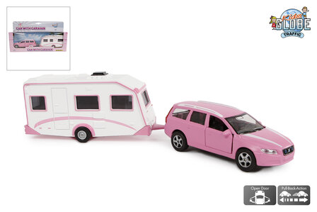 520194  Kids Globe Volvo V70 met caravan die cast pb 30cm roze