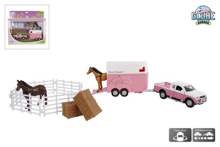 520205  Kids Globe Mitsubishi met paardentrailer en accessoires die cast pull back roze 27cm