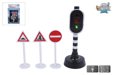 571835  Kids Globe verkeerslicht met licht met 3 verkeersborden 12cm