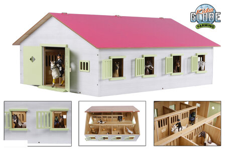 610189  Kids Globe paardenstal met 7 boxen 1:24 72,5x60x30cm roze