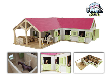 610210  Kids Globe paardenhoekstal met 4 boxen en berging 1:24 68x77x27cm roze