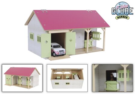 610245  Kids Globe paardenstal met 2 boxen en berging 1:32 34x22x19cm roze